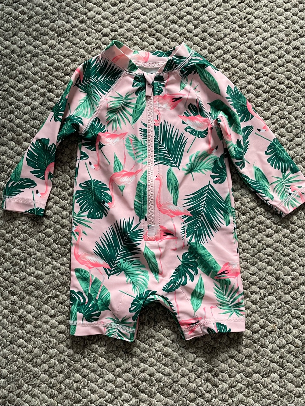 Old Navy Pink Flamingo & Green Leaf Baby Swim Romper